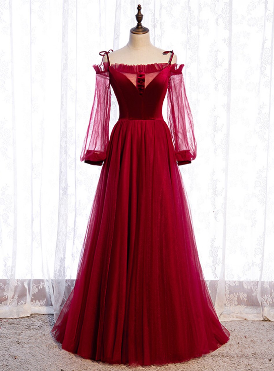 Burgundy Tulle Velvet Spaghetti Straps Long Sleeve Prom Dress,PL1198 on ...