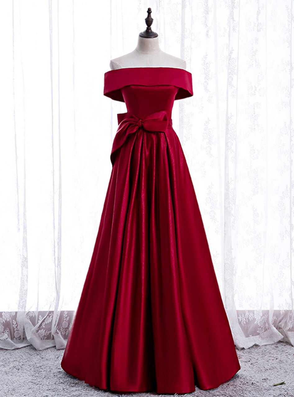 Simple Burgundy Satin Off The Shoulder Bow Prom Dress,pl1212