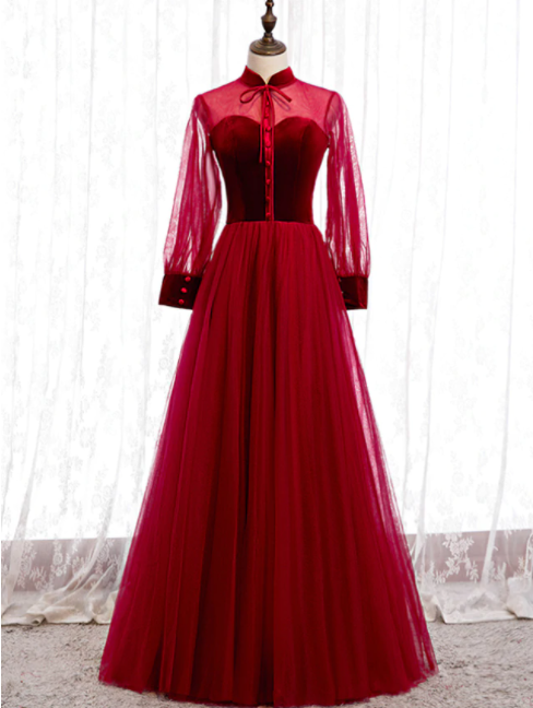 Burgundy Tulle Velvet Long Sleeve Button Prom Dress,pl1217