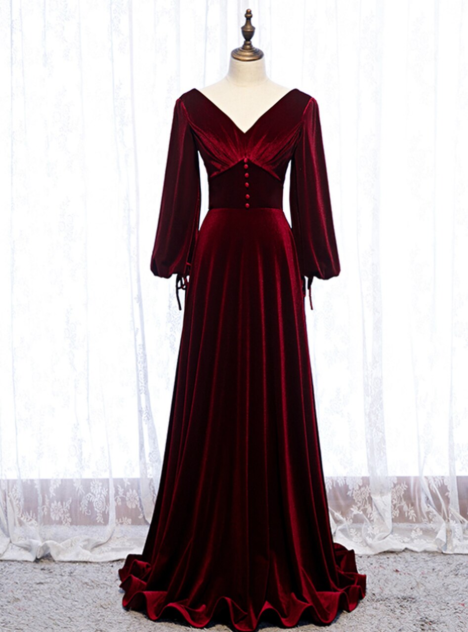 Dark Burgundy Velvet Long Sleeve V-neck Pleats Prom Dress,pl1218 on Luulla