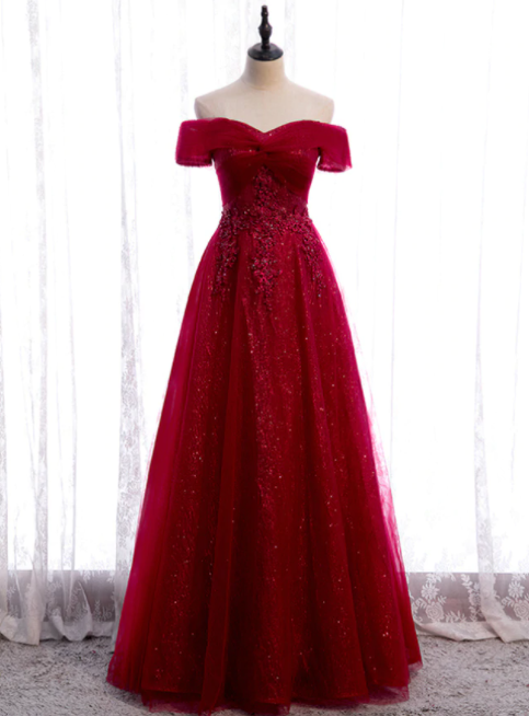 Burgundy Tulle Off The Shoulder Sequins Beading Prom Dress,pl1219