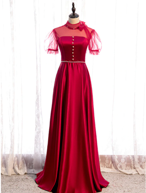 Burgundy Satin High Neck Short Sleeve Backless Beading Prom Dress,pl1224