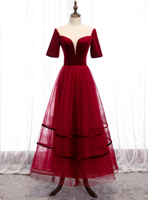 Burgundy Tulle Velvet Short Sleeve Ankle Length Prom Dress,pl1225