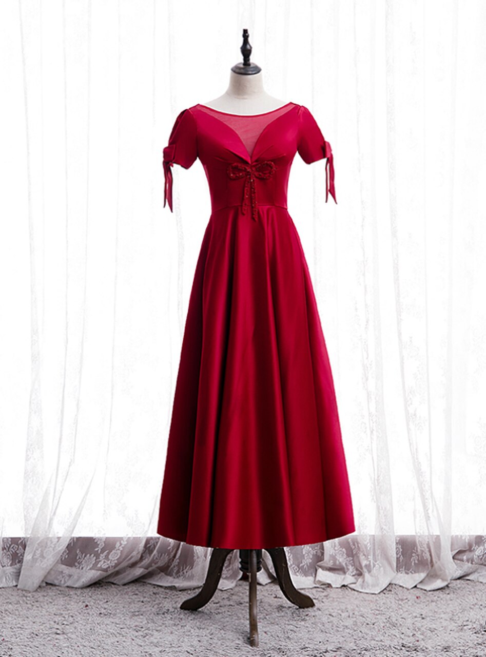 A-line Burgundy Satin Short Sleeve Beading Prom Dress,pl1230