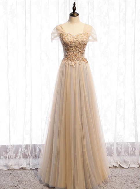 Champagne Tulle Sweetheart Beading Sequins Prom Dress,pl1249