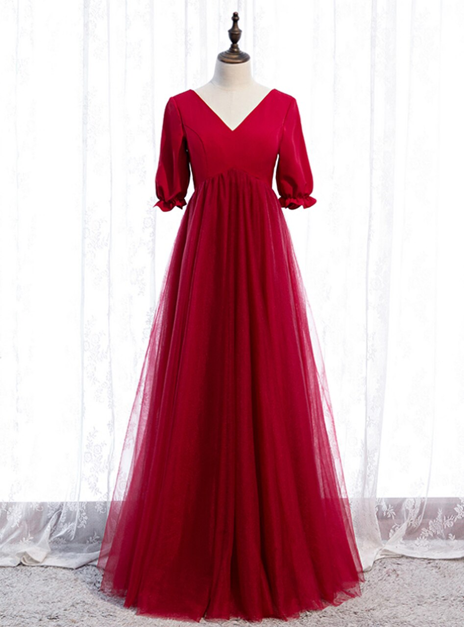 Burgundy Tulle V-neck Short Sleeve High Waist Prom Dress,pl1253