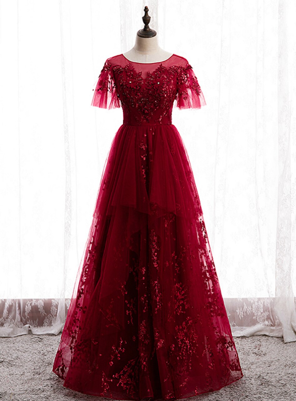 Burgundy Tulle Seuqins Short Sleeve Beading Prom Dress,pl1255