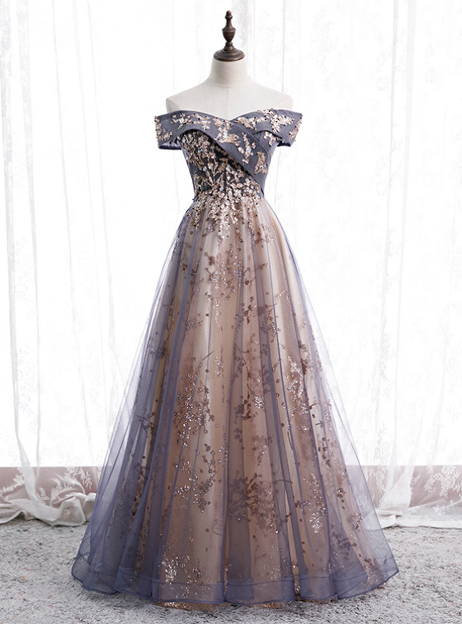Lace Up Grey Off The Shoulder Tulle A Line Prom Dress with Sequins