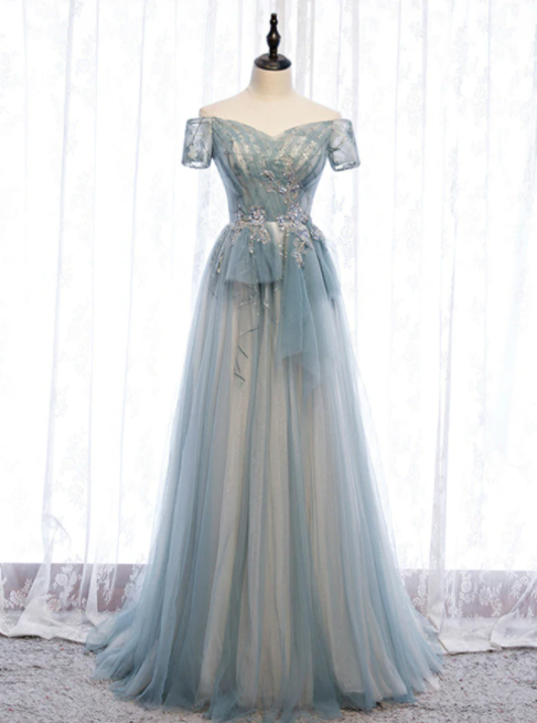 A-line Blue Tulle Off The Shoulder Short Sleeve Prom Dress,pl1261