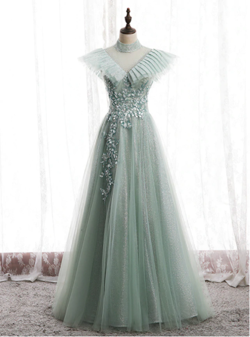 A-line Green Tulle Sequins High Neck Backless Appliques Prom Dress,pl1262