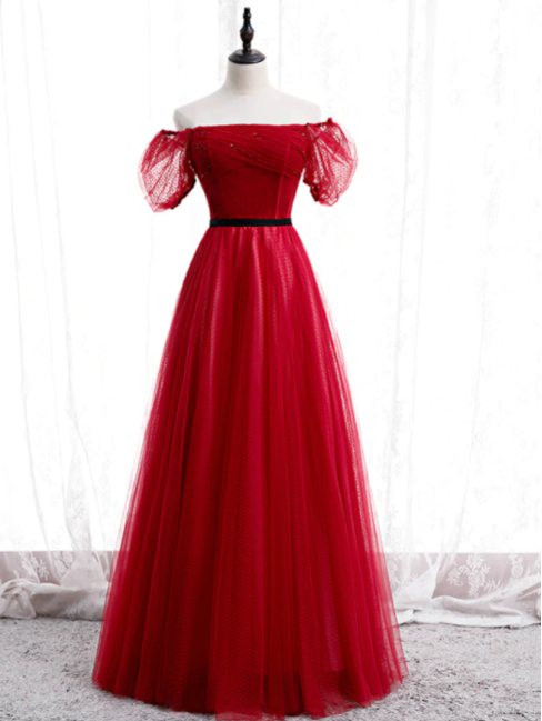 A-line Burgundy Tulle Puff Sleeve Off The Shoulder Prom Dress,pl1267