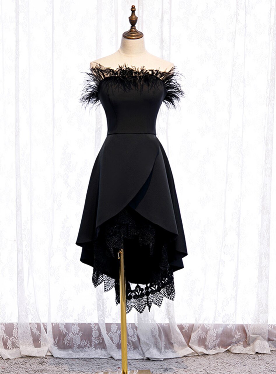 A-line Black Satin Hi Lo Lace Of The Shoulder Prom Dress,pl1272