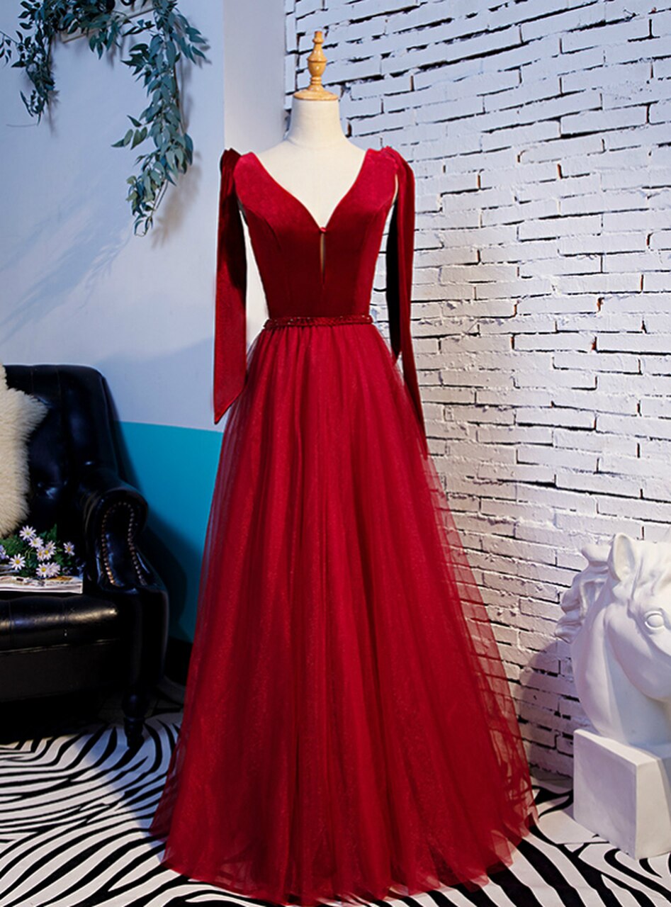 Burgundy Tulle Velvet V-neck Beading Prom Dress With Bow,pl1276