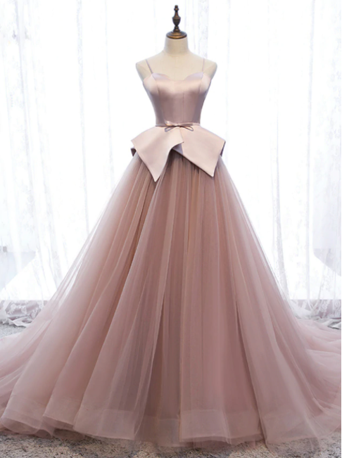 A-line Pink Tulle Satin Spagehtti Straps Prom Dress,pl1279
