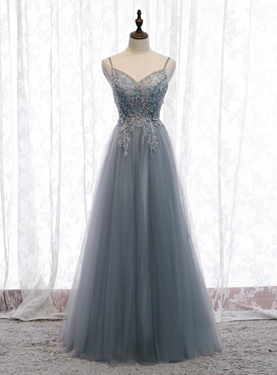 A-line Gray Tulle Spaghetti Straps Sequins Prom Dress,pl1282