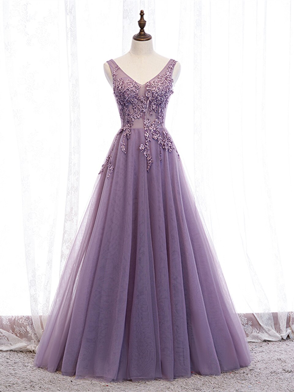 V Neck Purple Beading Appliques Tulle A Line Prom Dress,pl1287