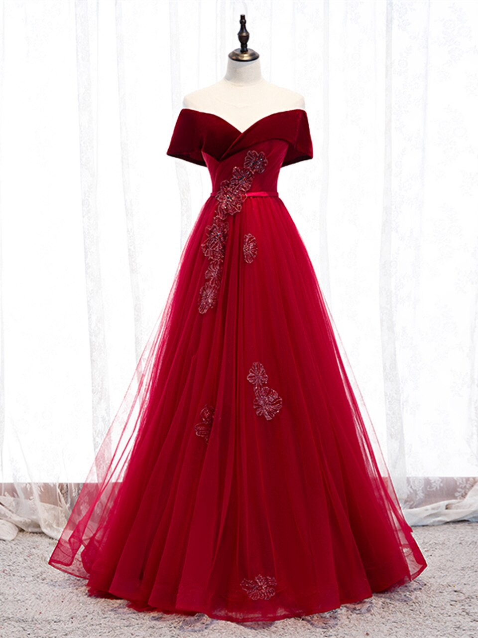 Off The Shoulder Burgundy Tulle Velvet Appliques Long Prom Dress,pl1291