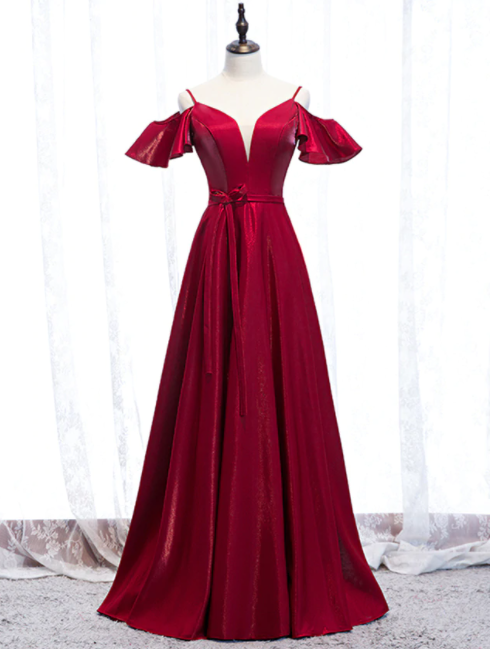 V Neck Short Sleeves Satin Belt Long Burgundy Prom Dress,pl1298