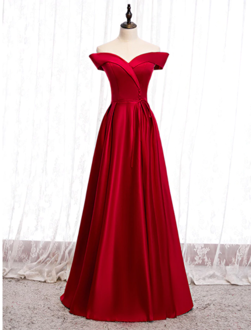 Off The Shoulder Burgundy Satin Button Long Prom Dress,pl1304