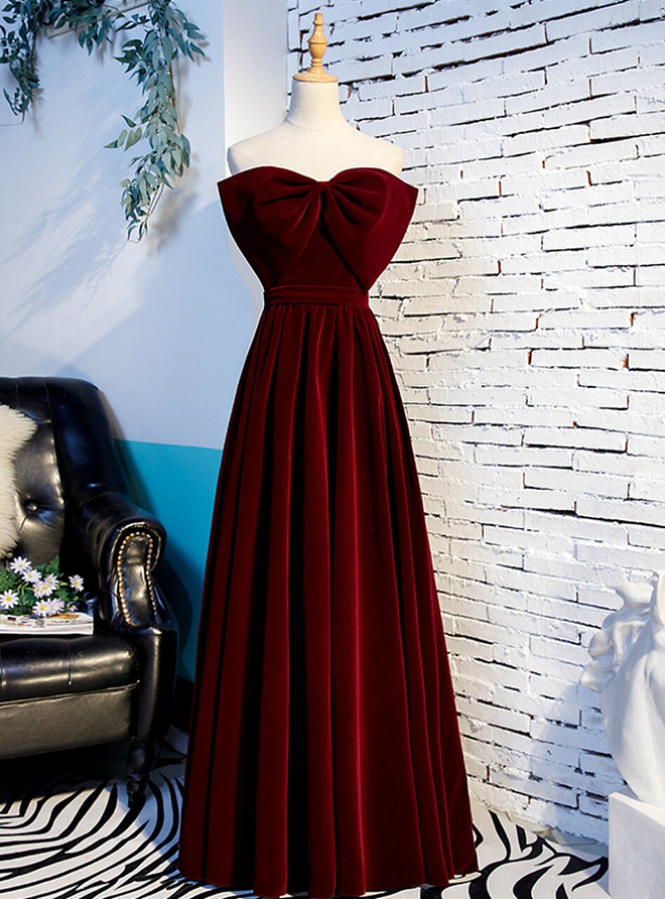 A-line Burgundy Velvet Strapless Long Prom Dress With Bow,pl1322