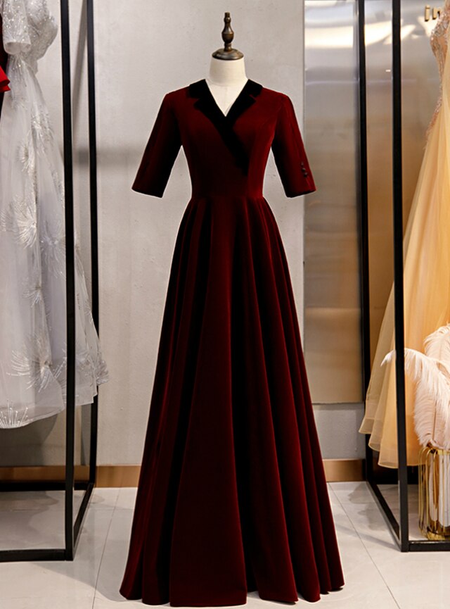 A-line Dark Burgundy Short Sleeve V-neck Prom Dress,pl1343