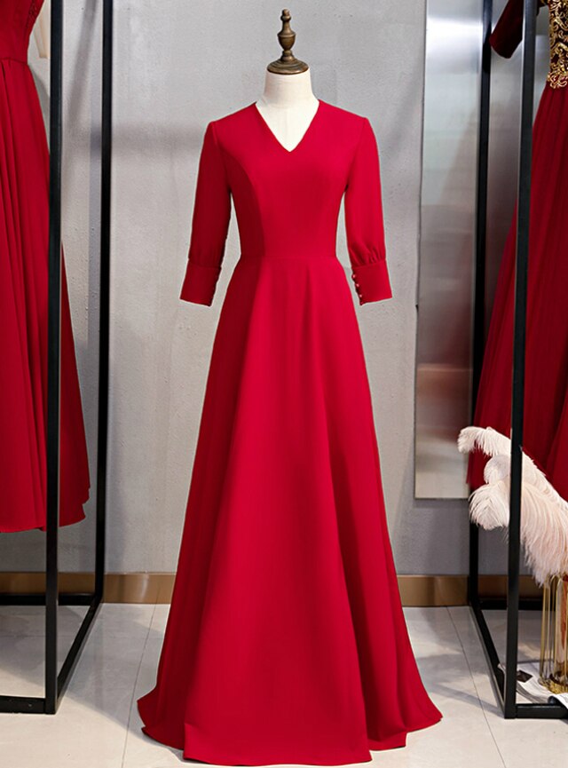 Burgundy Satin V-neck Half Sleeve Long Prom Dress,pl1349