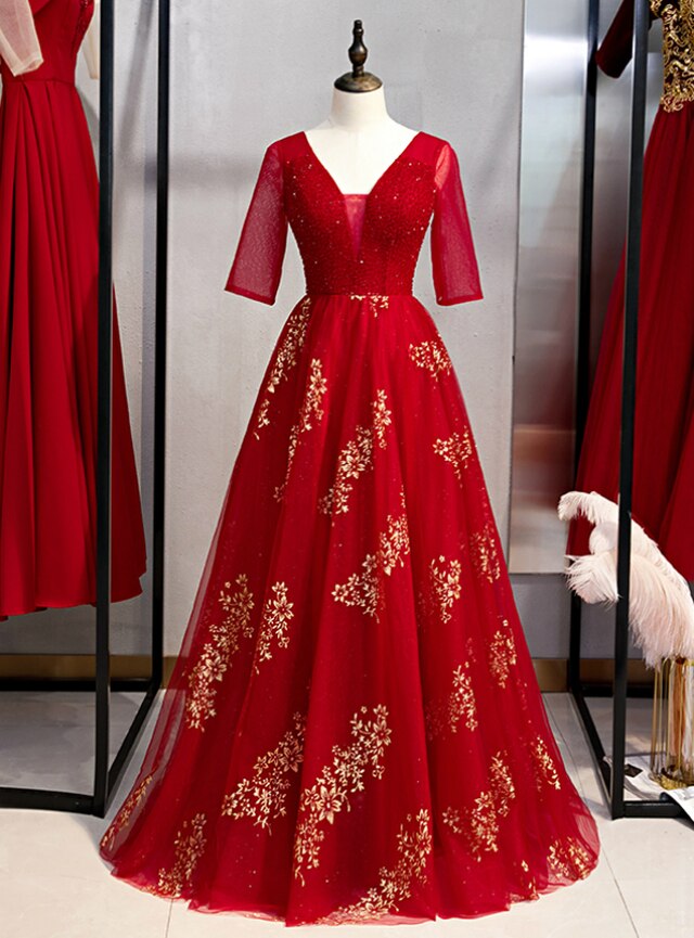 A-line Burgundy Tulle Gold Sequins V-neck Short Sleeve Prom Dress,pl1350