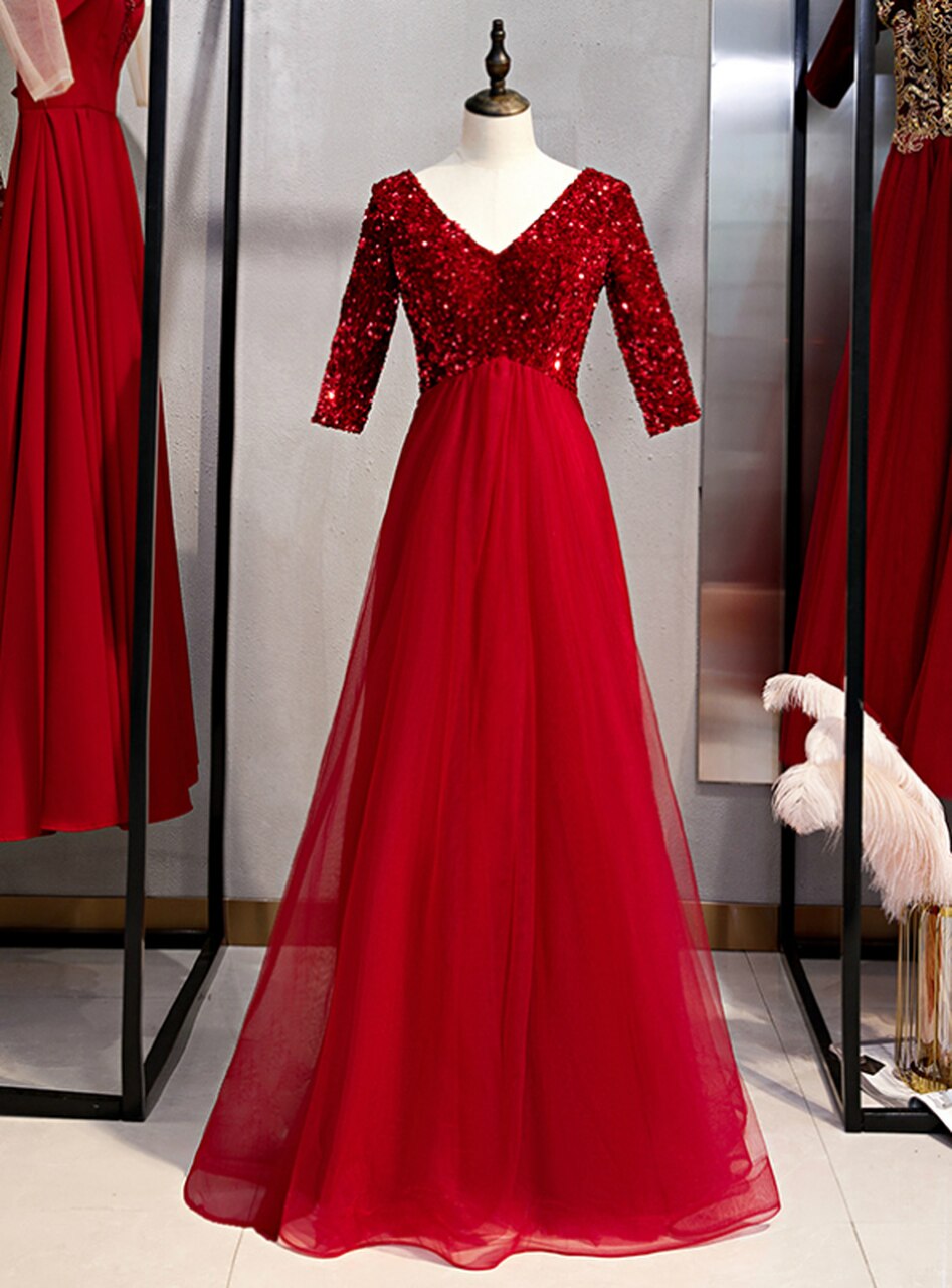 Burgundy Tulle Sequins V-neck Short Sleeve Prom Dress,pl1352