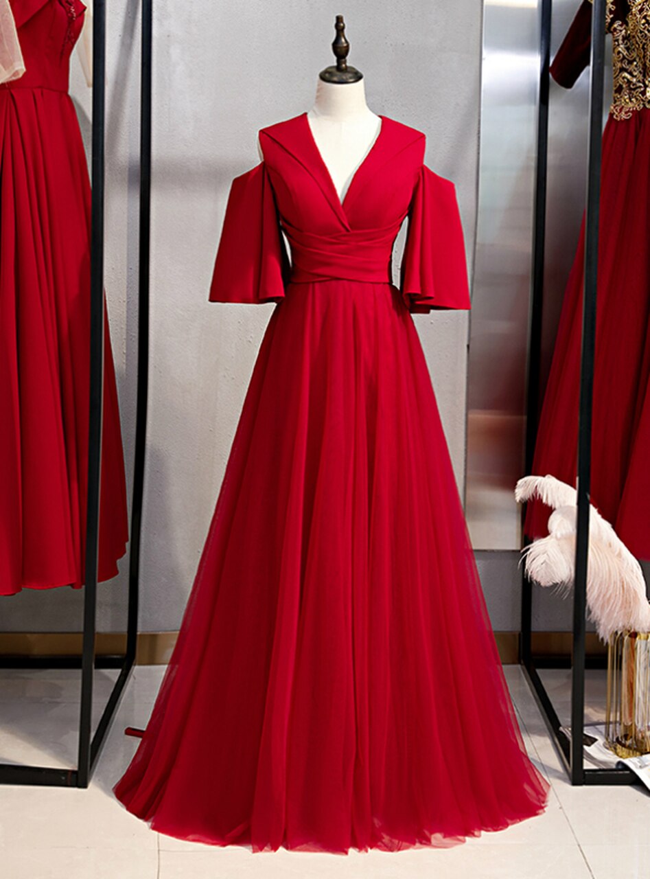 Sexy Burgundy V Neck A-line Tulle Prom Dress,Senior Prom Gown Y7071