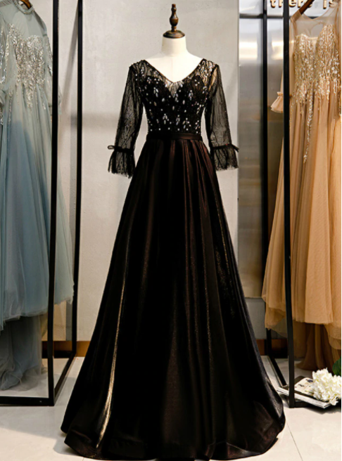 A-Line Black V-neck 3/4 Sleeve Crystal Prom Dress,PL1361