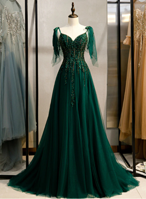 Dark Green Tulle Spaghetti Straps Beading Prom Dress,pl1365