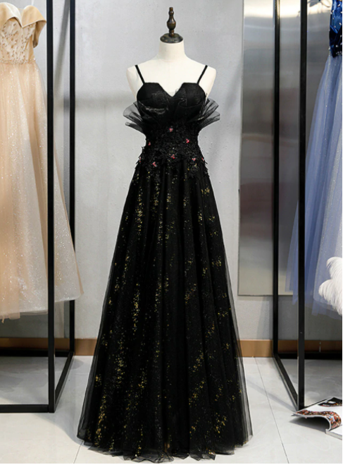 A-line Black Tulle Sequins Spaghetti Straps Prom Dress,pl1368