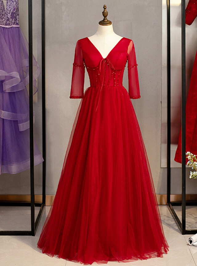A-line Burgundy Tulle V-neck Short Sleeve Beading Prom Dress,pl1371