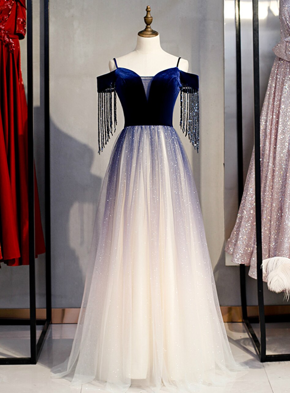 A-line Blue Velvet Spagehtti Straps Beading Prom Dress,pl1376