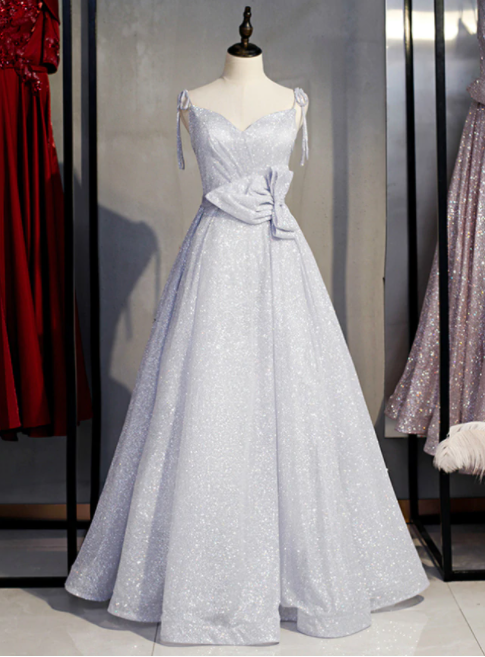 A-line Silver Seuqins Spaghetti Straps Prom Dress With Bow,pl1378