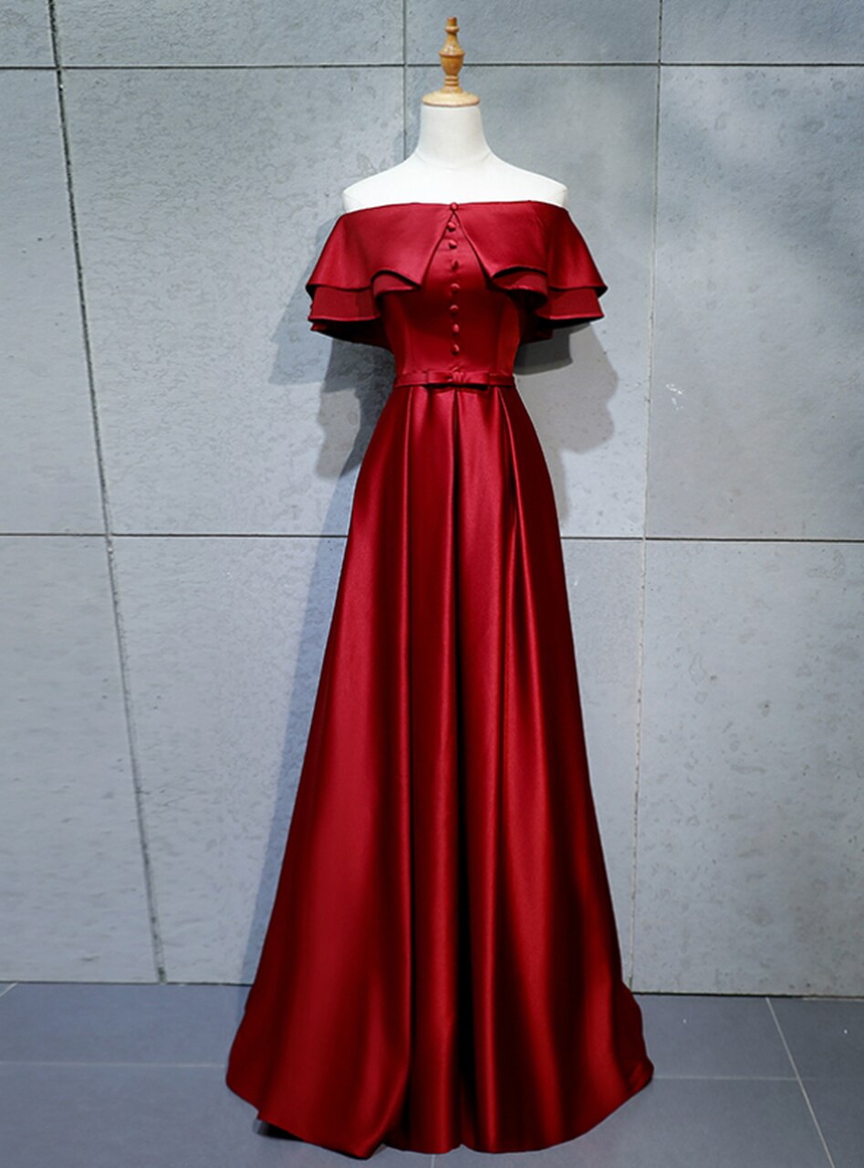 A-line Burgundy Satin Off The Shoulder Prom Dress With Button,pl1379