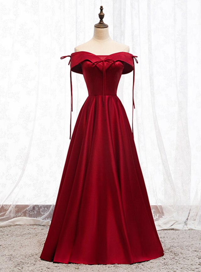 A-line Burgundy Satin Off The Shoulder Prom Dress,pl1386