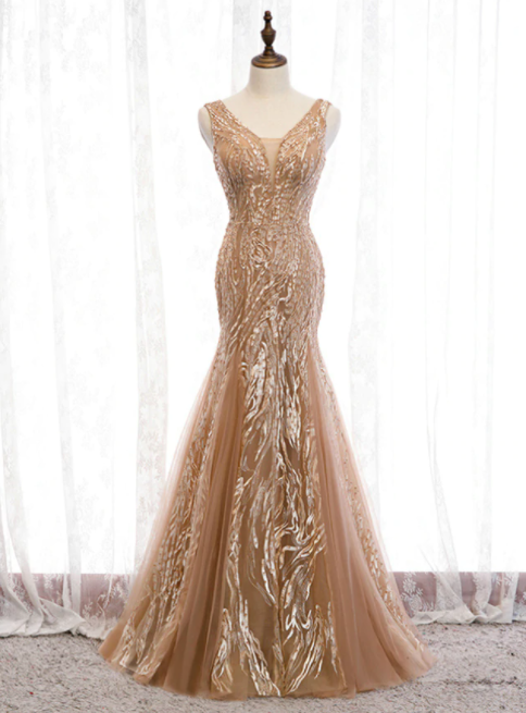 Mermaid V Neck Backless Beading Tulle Prom Dress LBQ4345