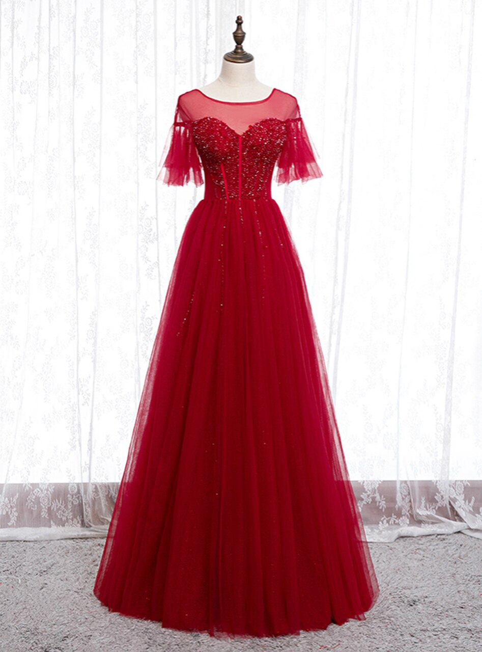 A-line Burgundy Tulle Beading Sequins Long Prom Dress,pl1391