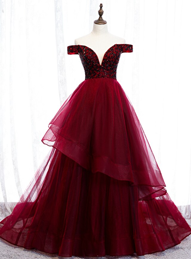 Dark Burgundy Tulle Off The Shoulder Beading Prom Dress,pl1394 on Luulla