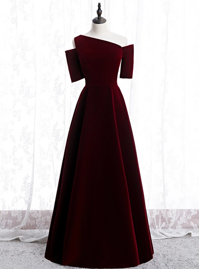 Dark Burgundy Velvet Irregular Neck Short Sleeve Prom Dress,pl1400