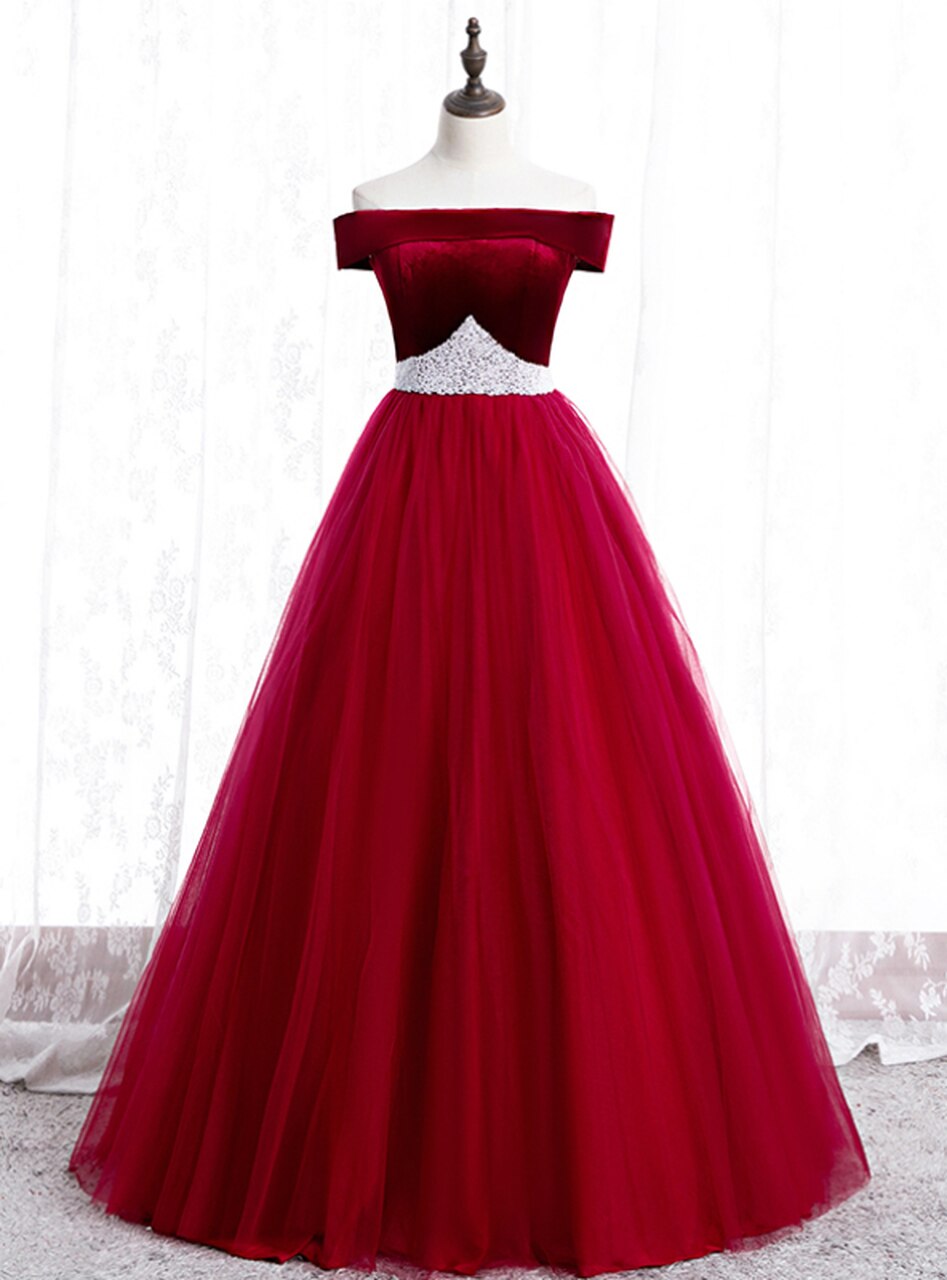 Burgundy Tulle Off The Shoulder Prom Dress With Pearls,pl1405