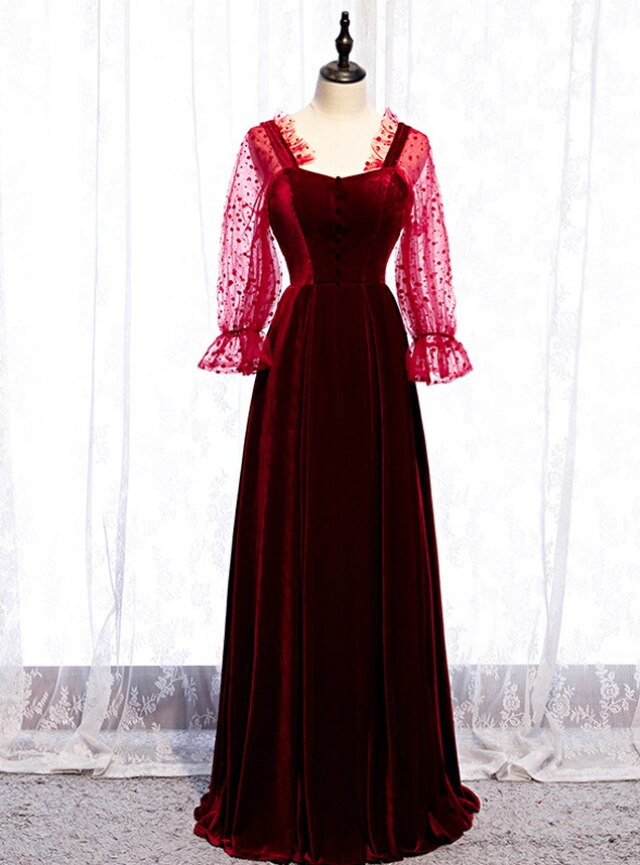 A-line Burgundy Velvet Long Sleeve Backless Prom Dress,pl1424