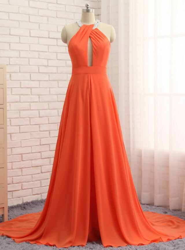 A-line Orange Chiffon Halter Cut Out Backless Prom Dress,pl1425