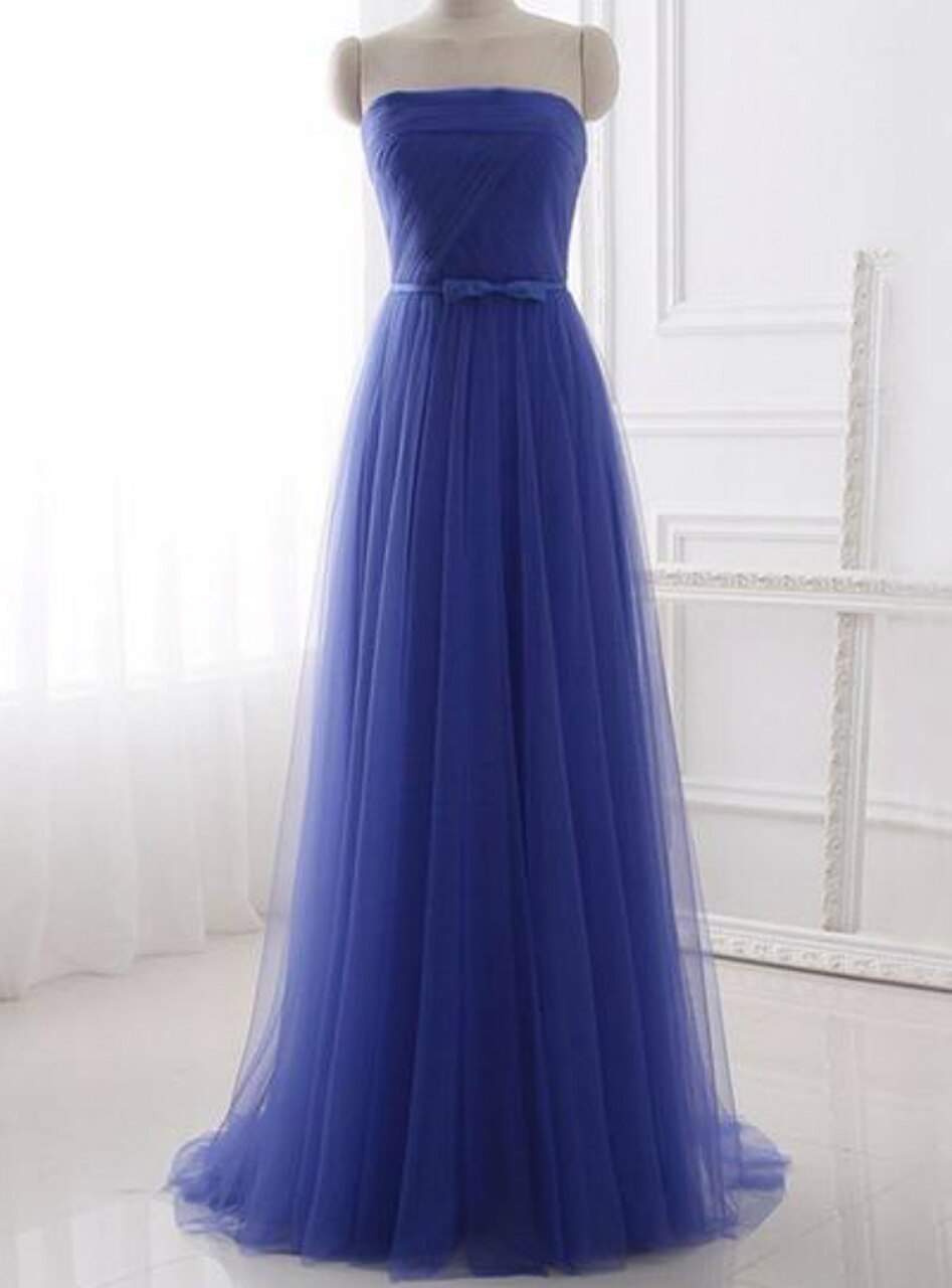 Blue Tulle Strapless Long Simple Prom Dress With Bow,pl1431