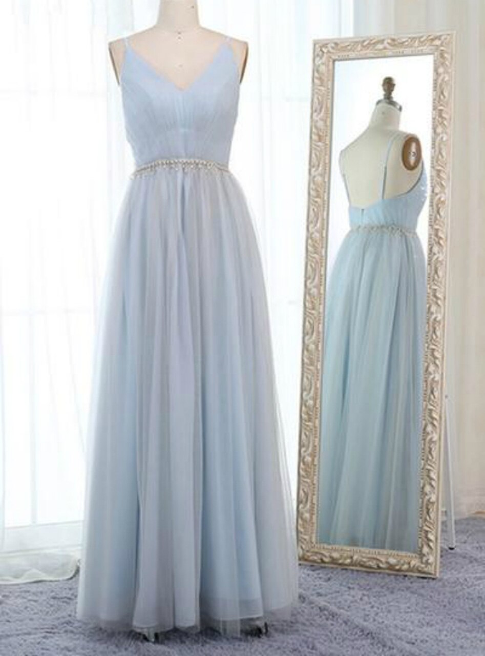 Light Blue Tulle Spaghetti Straps Backless Pleats Prom Dress With Beading,pl1433