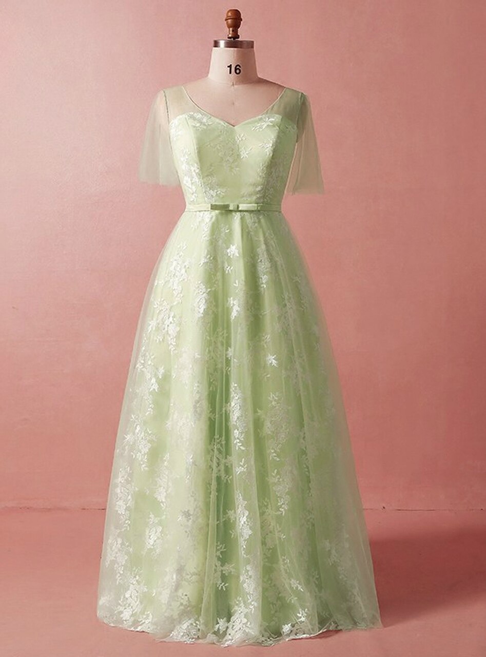 Plus Size Green Lace Tulle Short Sleeve V-neck Prom Dress,pl1446