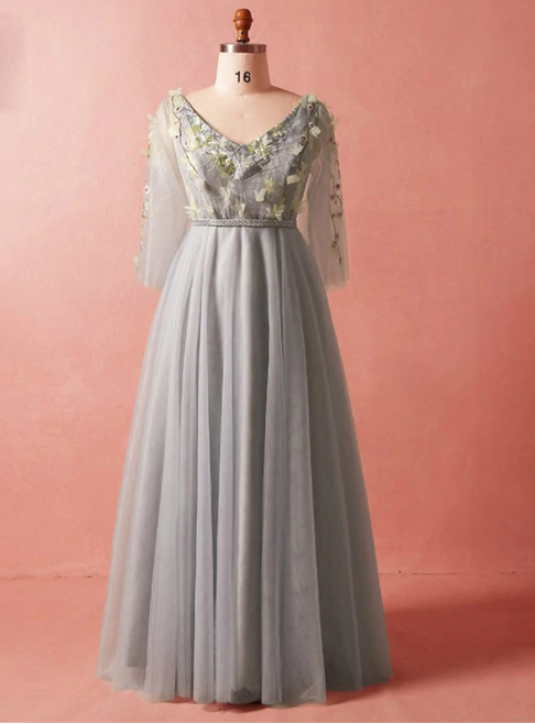 Plus Size Gray V-neck Long Sleeve Tulle Floor Length Prom Dress,pl1447