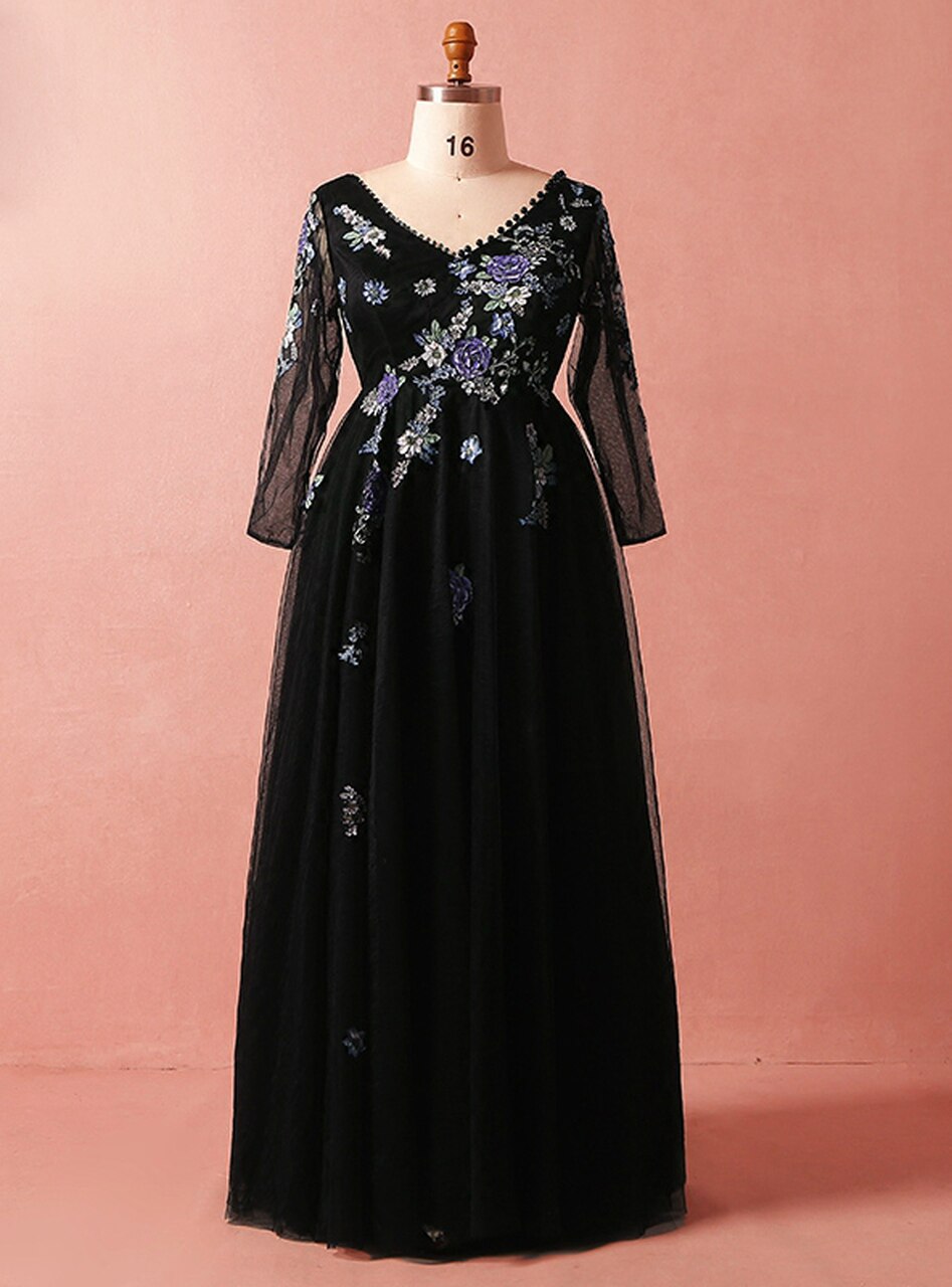 Plus Size Black Tulle Embroidery Long Sleeve V-neck Prom Dress,PL1450