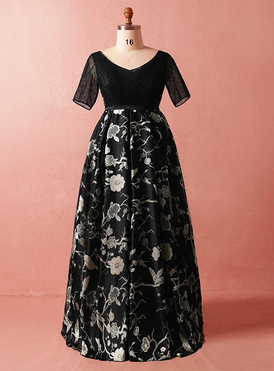Plus Size Black Print High Waist Short Sleeve Prom Dress,pl1457